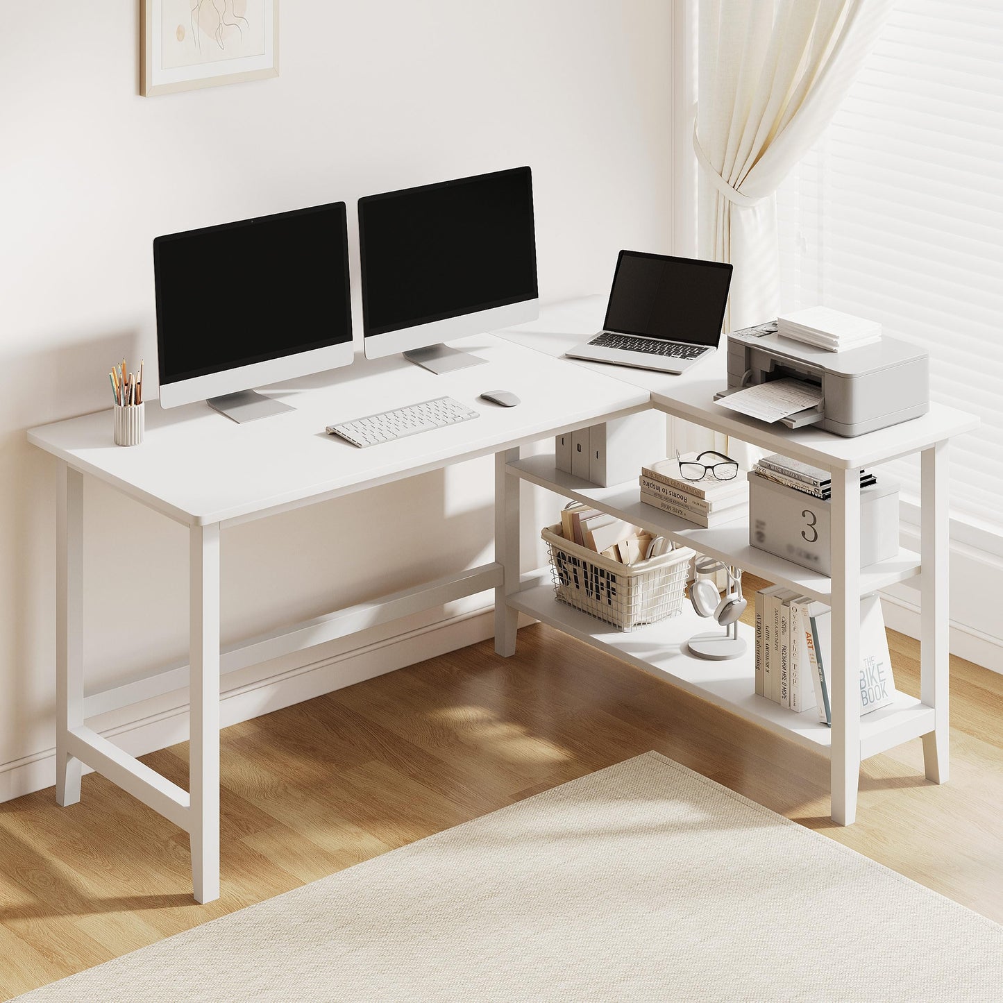 IOTXY Reversible L-Shaped Office Desk - 53" Modern Corner Computer Table with Storage Shelves, Solid Wood Legs, Home Writing & Study Workstation, White