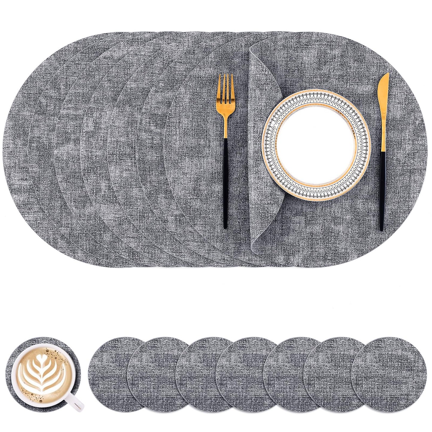 Homaxy Round Faux Leather Placemats and Coasters, Washable Dual-Side Table Mats, Wipeable Heat-Resistant Dining Place Mats for Outdoor and Indoor, Set of 8, Diameter 13 and 3.93 inch, Black