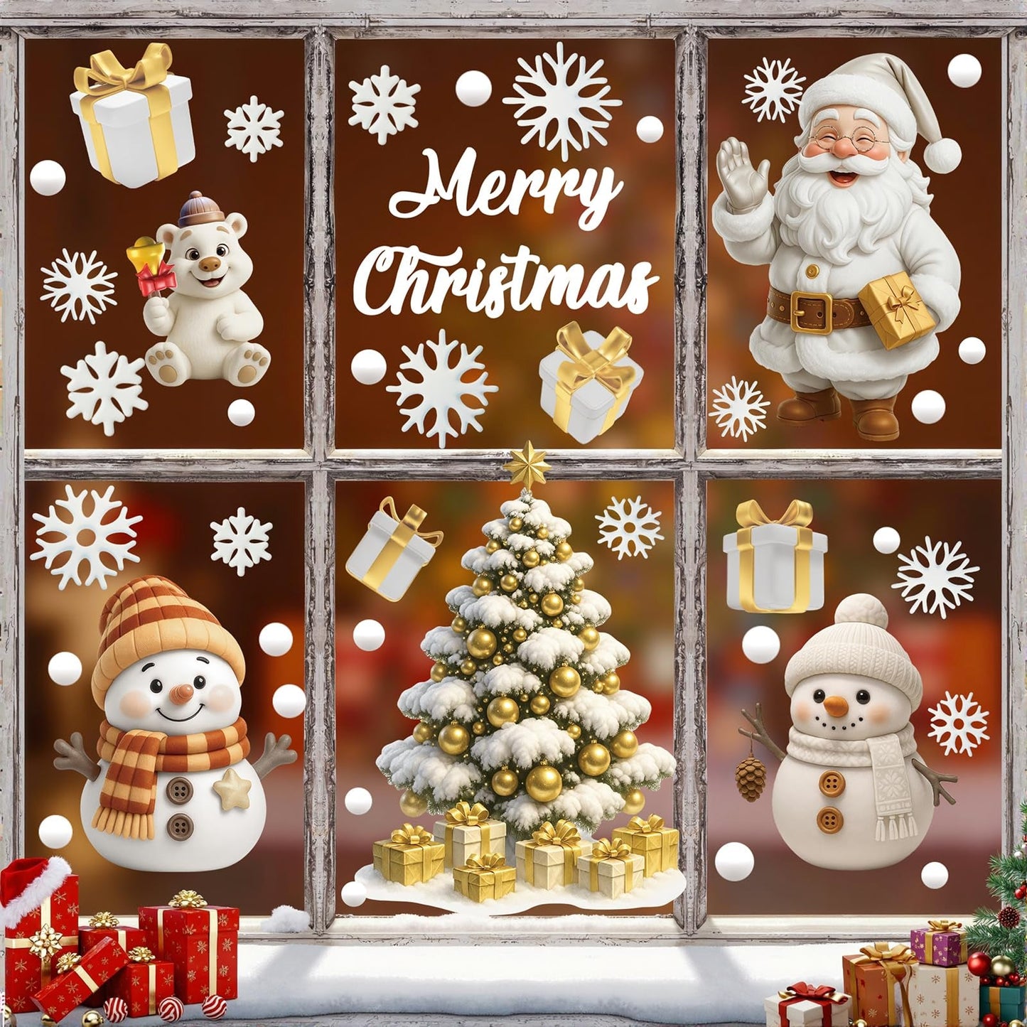 TOARTi White Christmas Window Clings Double-Side Christmas Tree Glass Decals 3D Xmas Tree Window Stickers White Snowman Snowflakes Decal Xmas Winter Wonderland Themed Party