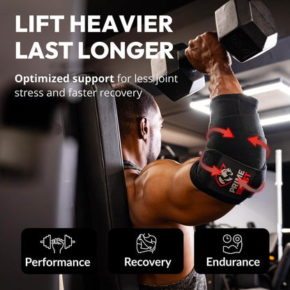 Prime Beast Hybrid Elbow Wraps for Weightlifting, Compression Sleeve and Adjustable Wrap Support for Bench Press, Powerlifting, and Gym Training (1 Pair) (Black, Medium)