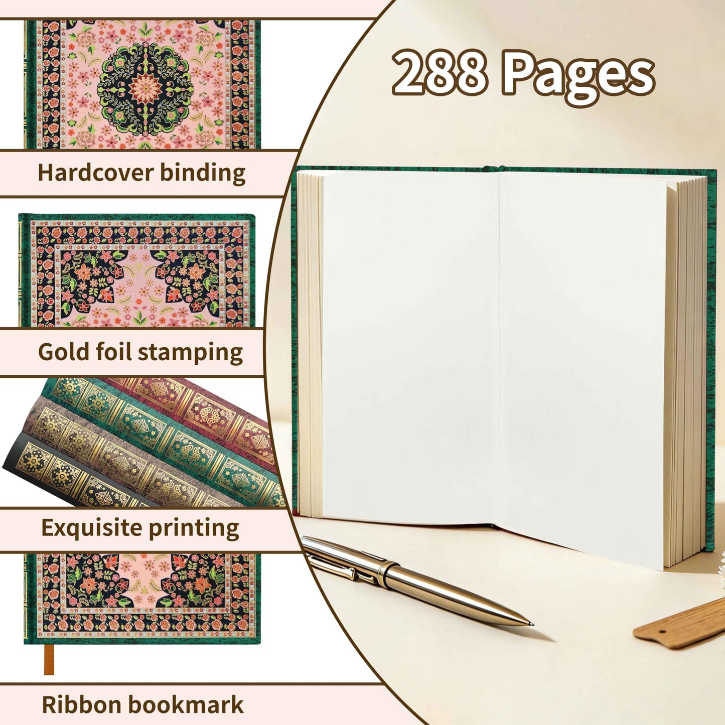 Mlife Thick Journal A5 Blank Notebook,288 Pages A5 Skethbook,120gsm Plain Paper,Vintage Hardcover Sketch book with Gold-Embossed Floral for Men Women,5.5'' X 8.27''