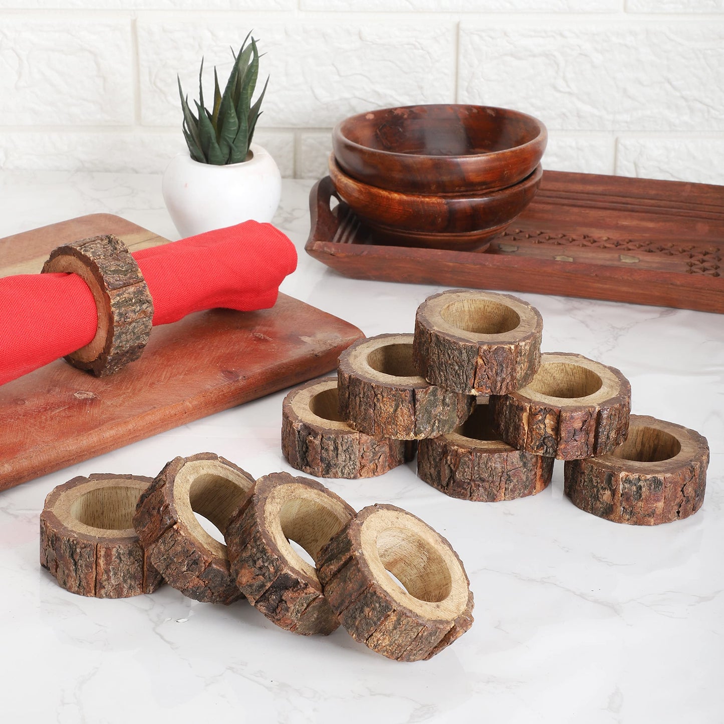 Ajuny Napkin Rings Wooden Set of 12 Handmade 1.5 Inch Decorative Round Shaped Holders with Bark Edge Natural Design for Table Dining Parties Special Occasions Kitchen & Home Decor Gift