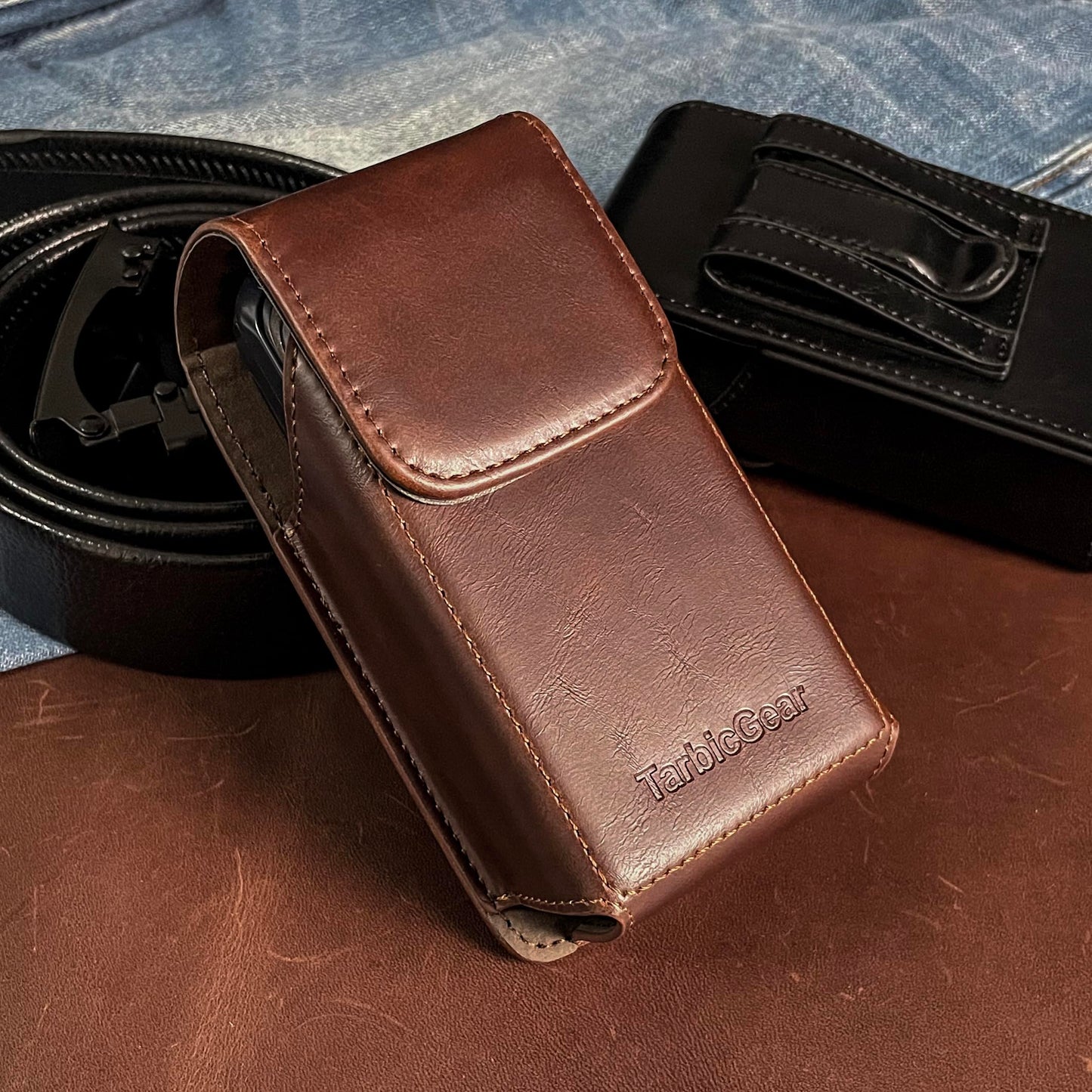 TarbicGear Leather Flip Phone Case with Belt Clip, Pouch for Kyocera & TCL Flip Phone Holster for Belt, Cat S22 Flip Case, Nokia Flip Phones, Sonim XP3 Plus Magnetic Phone Pouch, Brown Color