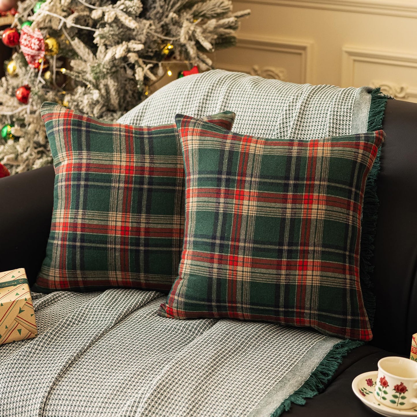 vctops Christmas Green Plaid Throw Pillow Covers 18x18 Inch Farmhouse Scottish Tartan Decorative Square Cushion Cases for Holiday Home Decor Sofa Couch (Green,18"x18")
