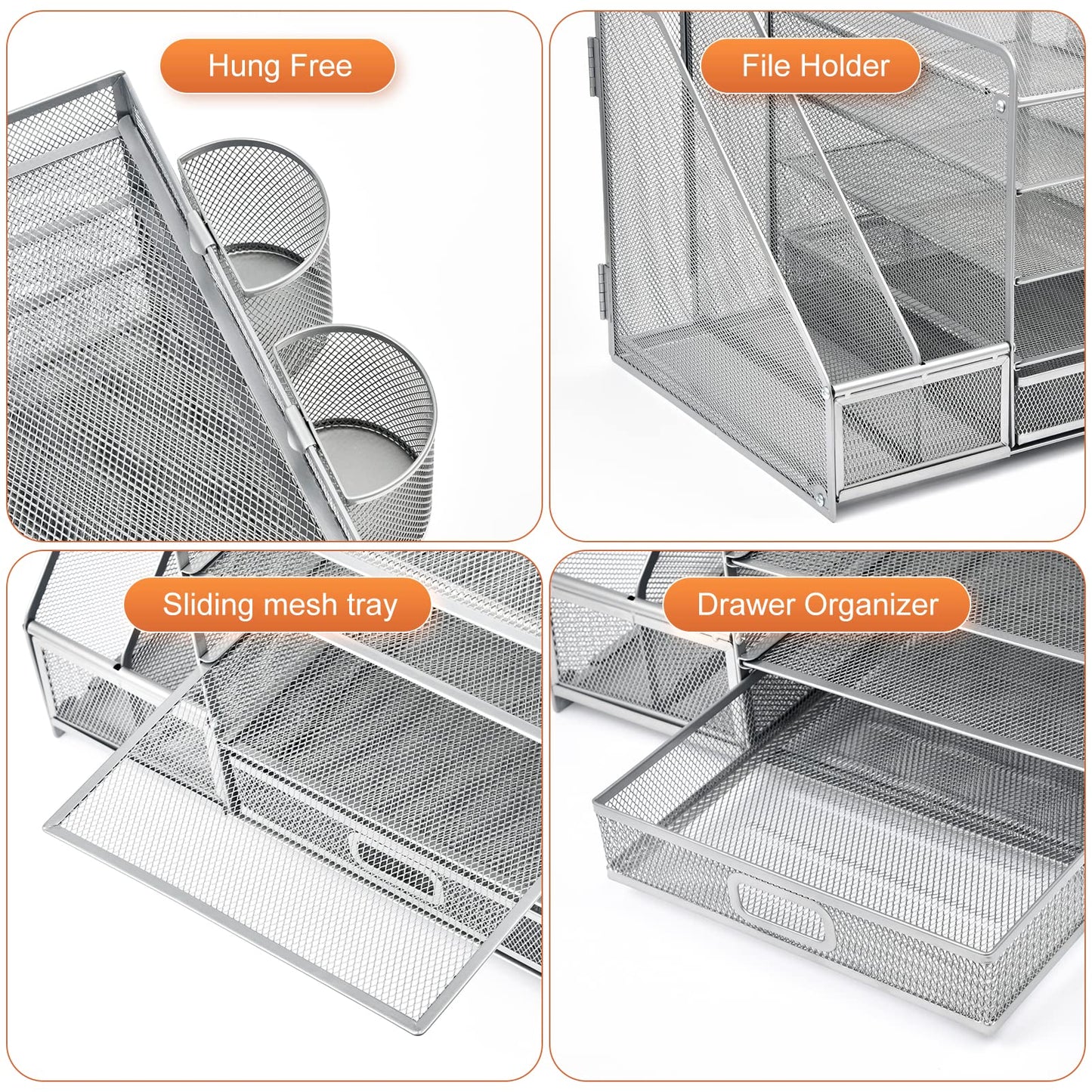 Marbrasse Desk Organizer with File Holder, 5-Tier Paper Letter Tray Organizer with Drawer and 2 Pen Holder, Mesh Desktop Organizer and Storage with Magazine Holder for Office Supplies (Silver)