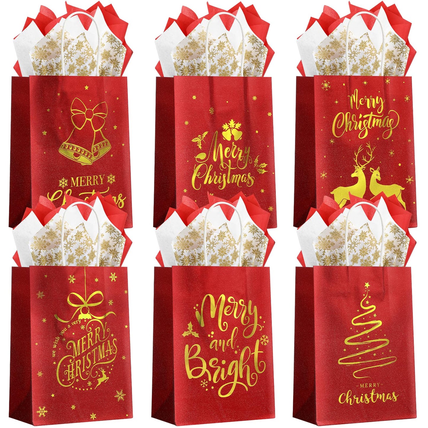 Ragnhild 48 Pcs Christmas Gift Bags, Red Glitter Christmas Bags for Gifts with Tissue Paper, 6 Styles Red and Gold Foil Paper Goodie Bag with Handles, Bulk Xmas Holiday Reusable Party Favor Treat Bag