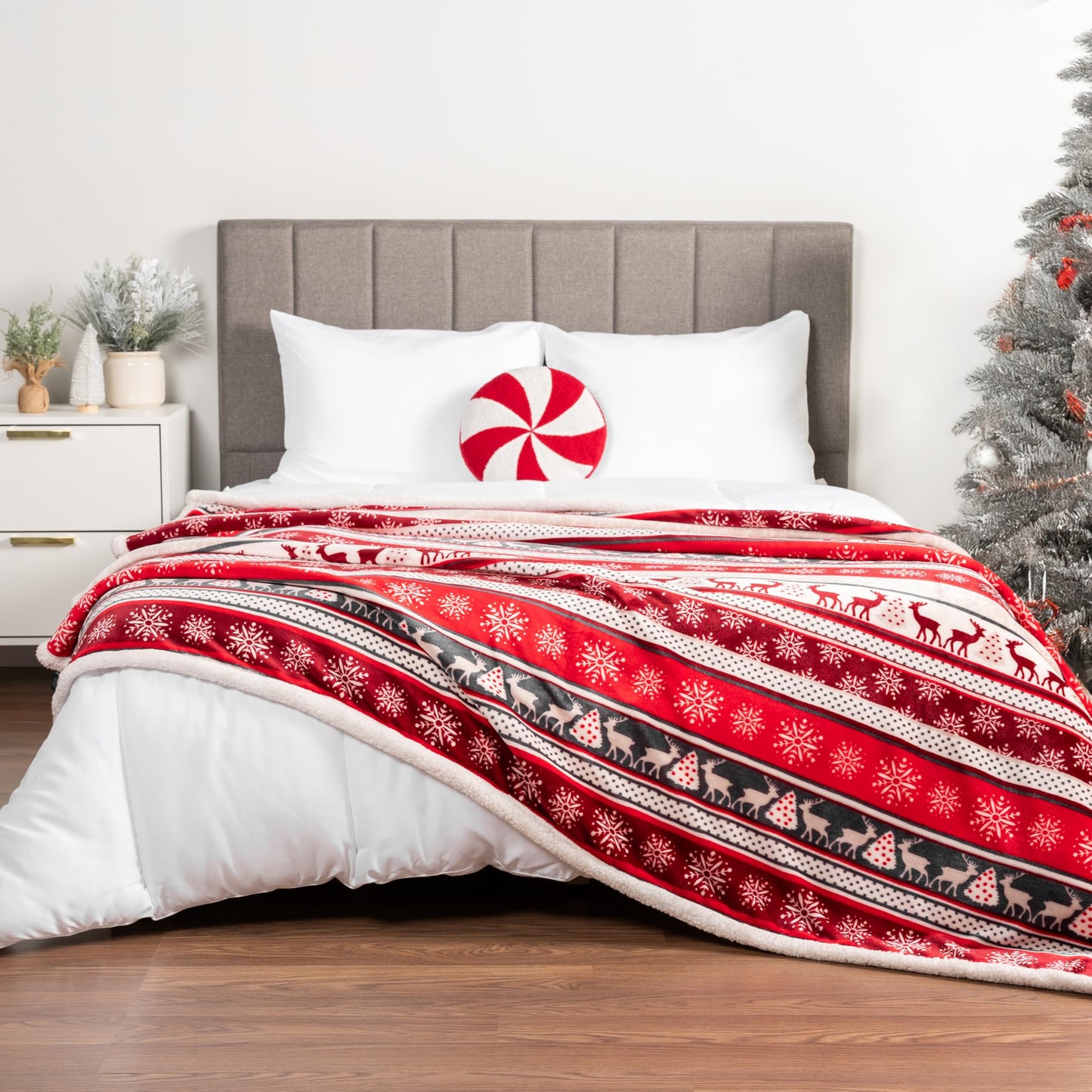 PAVILIA Christmas Sherpa Throw Blanket, Red & White Snowflake, Reindeer, Reversible Fleece & Sherpa Cozy Winter Blanket for Couch & Bed, 50x60, Christmas & Holiday Decor
