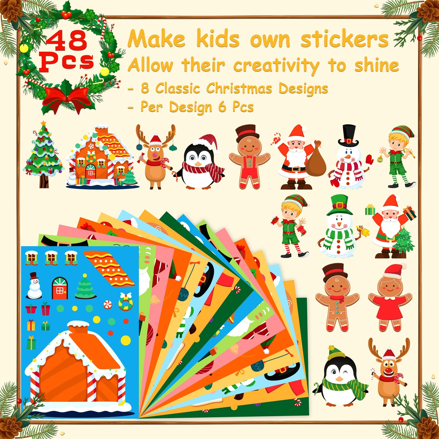 LINAYE 48 Sheets Christmas Stickers Crafts for Kids Toddlers, 8 Styles Make Your Own Stickers Goodie Treat Bag Stuffers Christmas Game Activities for Kids Toddlers Party Favors