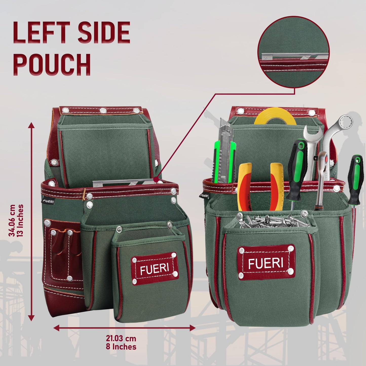 FUERI Carpenter Tool Belt made with Nylon & Grain Leather comes with Adjust to fit Padded Belt, Pouches with multiple pockets, Suspender loops, and a Hammer Holder (Best Gift for your father)