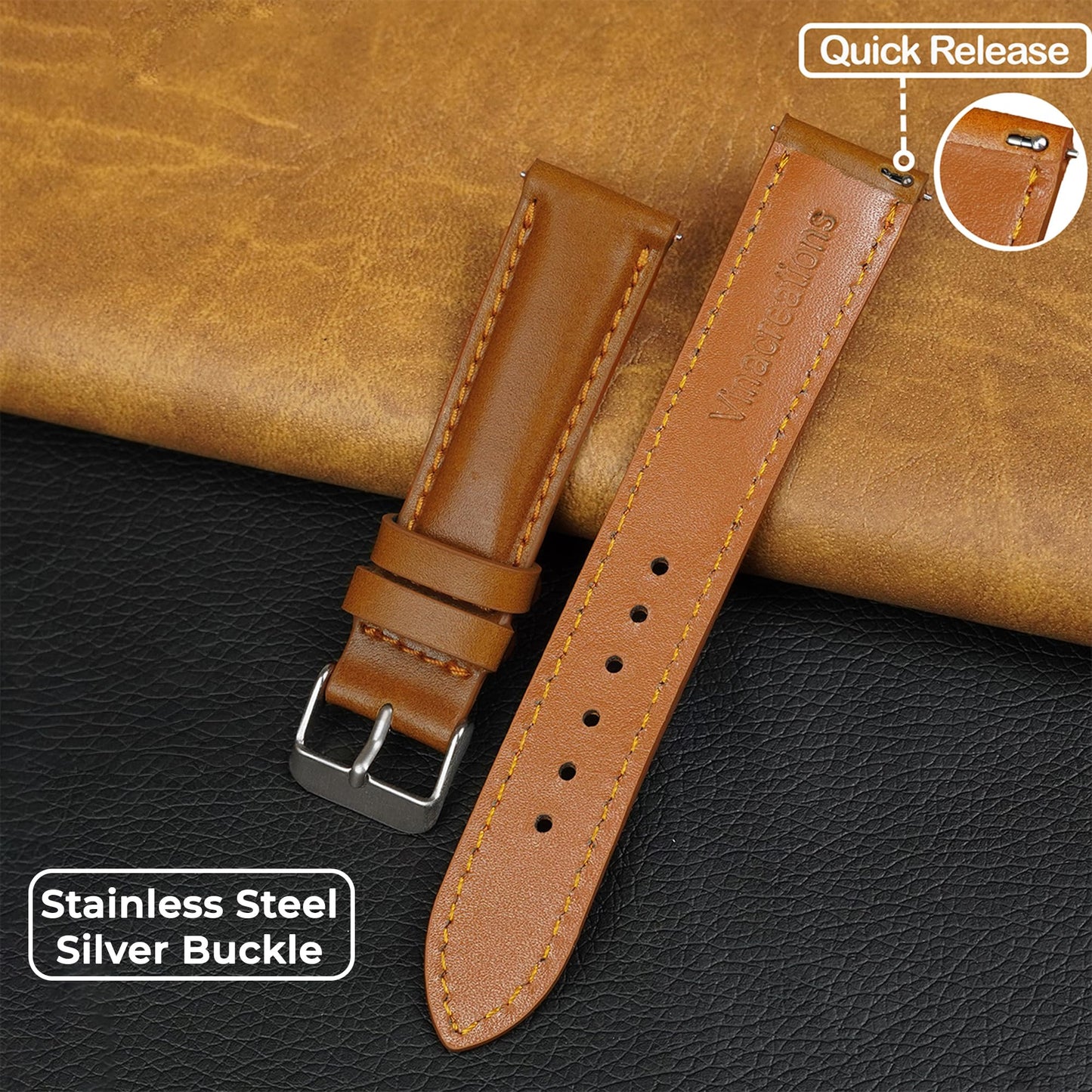 vinacreations 20mm Vintage Tan Brown Leather Watch Band Men Quick Release Replacement Strap Soft Handmade Wristband Stainless Steel Buckle, Christmas Fathers Day Gift for Dad Husband DH-202-20MM