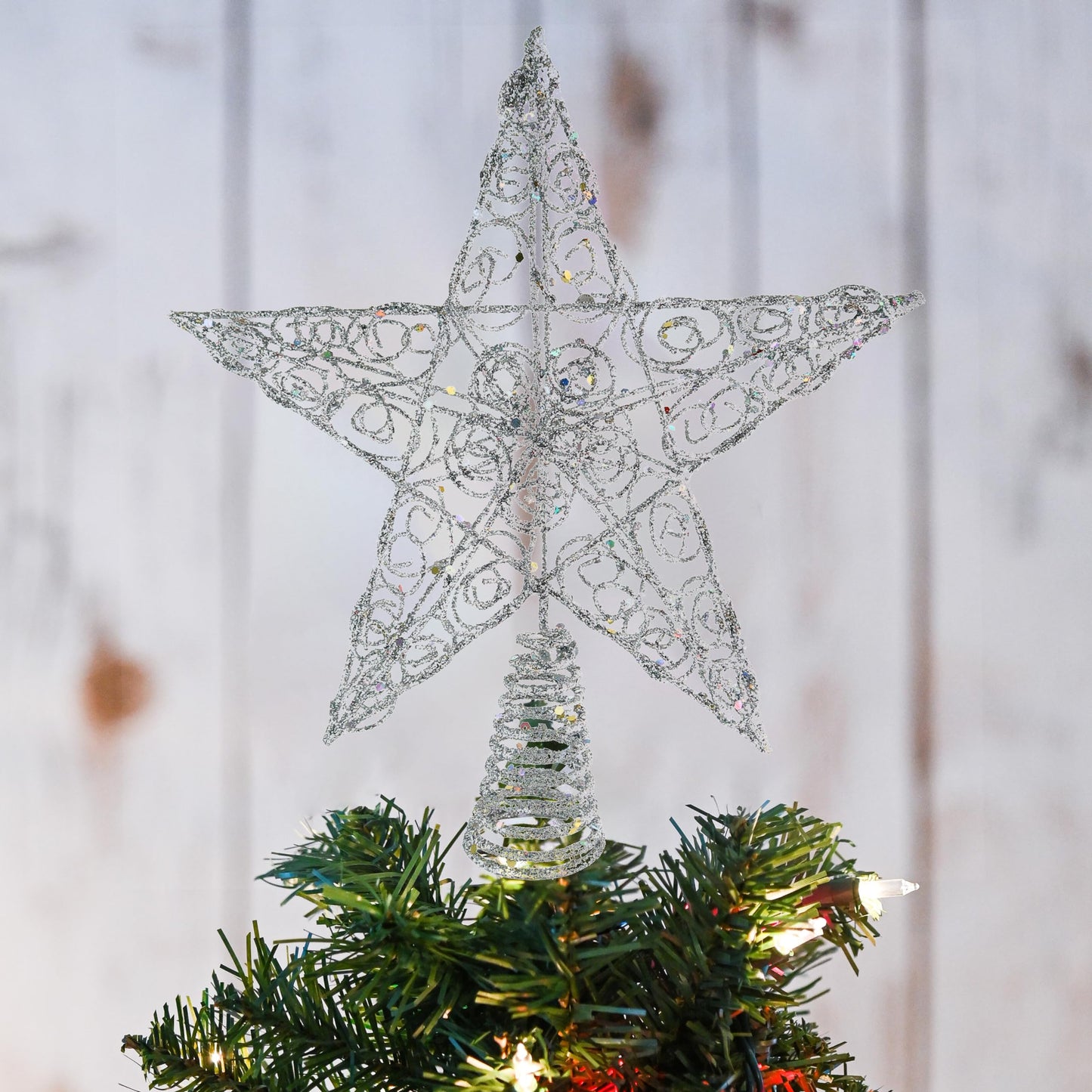 Ornativity Silver Star Tree Topper - Christmas Swirl Design Sparkle 3-D Dimensional Hallow Xmas Trees Top Star Decor Treetop Ornament Decorations