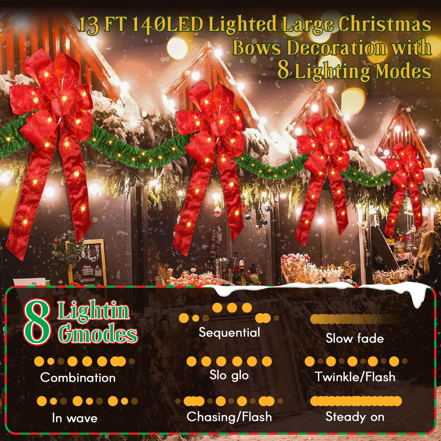 13 FT Christmas Bows Fence Decoration, 140LED Lighted Large Christmas Bows Decoration with 8 Mode and Timing Ornament for Party Front Door Fireplace (Red,Artificial Garland)