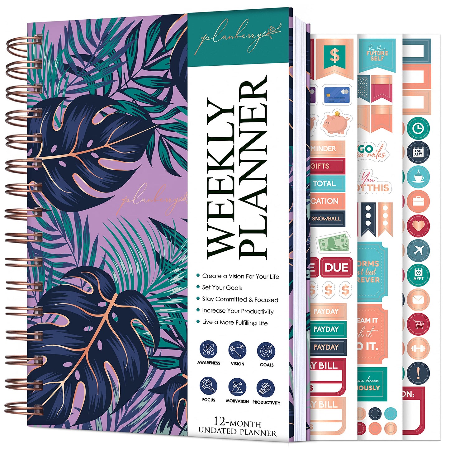 PLANBERRY Weekly Planner – Undated Life Organizer & Budget Planner – Time Management, Goal Setting, To-Do List, Work-Life Balance & Habit Tracker – 6.1″ x 8.1″ (Wild Purple)