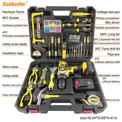 SOLUDE Tool Set with Drill,21V Cordless Power Drill Tool Box with 2 Battery,Electric Drill Driver with Basic Hand Tools for Home Repair and DIY Projects