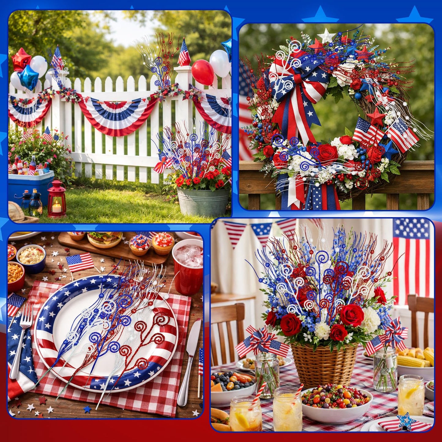 Daifunli 36 Pcs Red Blue White Patriotic Berry Stem Pick and Sprays Ornament 4th of July 17'' 12'' Artificial Flowers 250th Anniversary Independence Day Glitter Branch Stick Filler for Wreath Vase