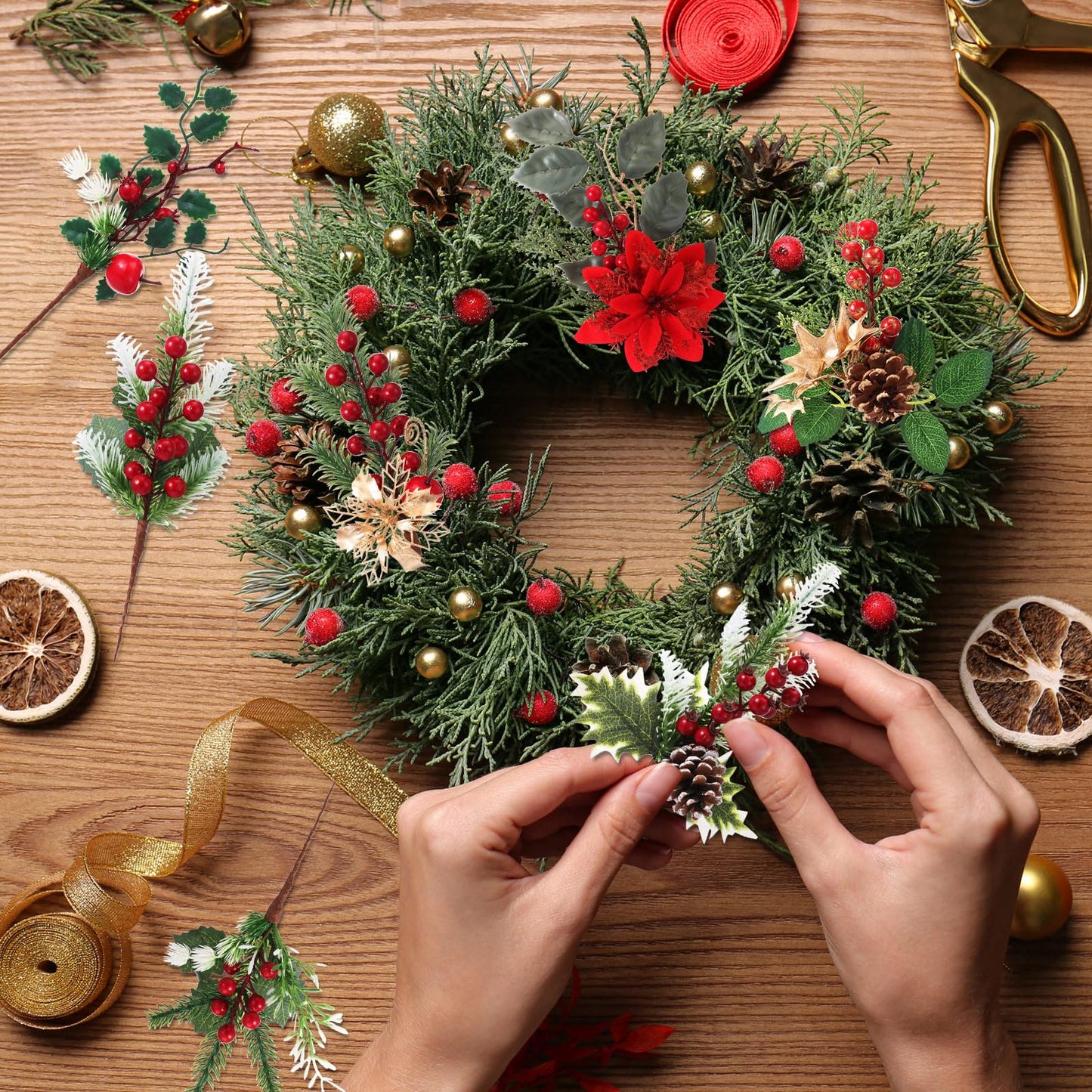 Suncalla 24 Pcs Artificial Christmas Picks 11"-14" Assorted Red Berry Picks Stems Christmas Tree Branches Decorations with Pinecones, Poinsettia Holly Leaves for Trees Wreath Garland Craft Decor