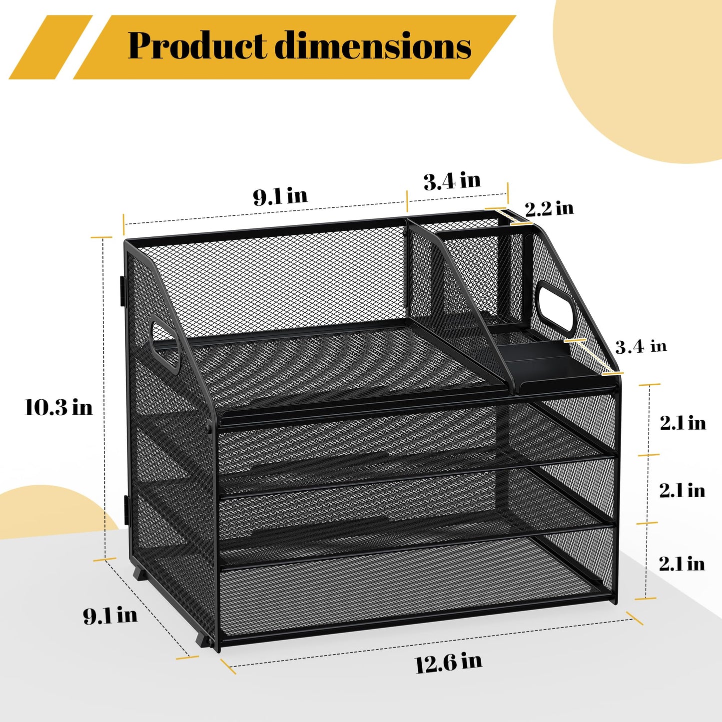 OrgMate Letter Tray Paper, 4 Tier Desk Organizer with Pen Holder and Handle Mesh File Organizer Paper Sorter Metal Desktop Document Shelf for Office Home Classroom -Black