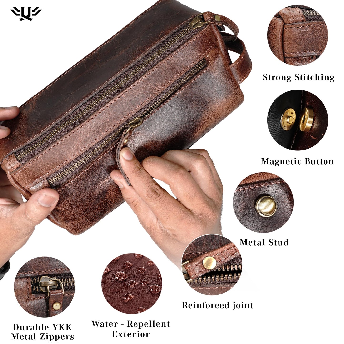 LushLuxeoria Premium Handmade Genuine Leather Toiletry Bag for Men & Women, Dopp Kit & Shaving Travel Organizer, Cosmetic Wash Bag with Zipper Pocket Travel Pouch, Gift for Him & Her - Dark Brown