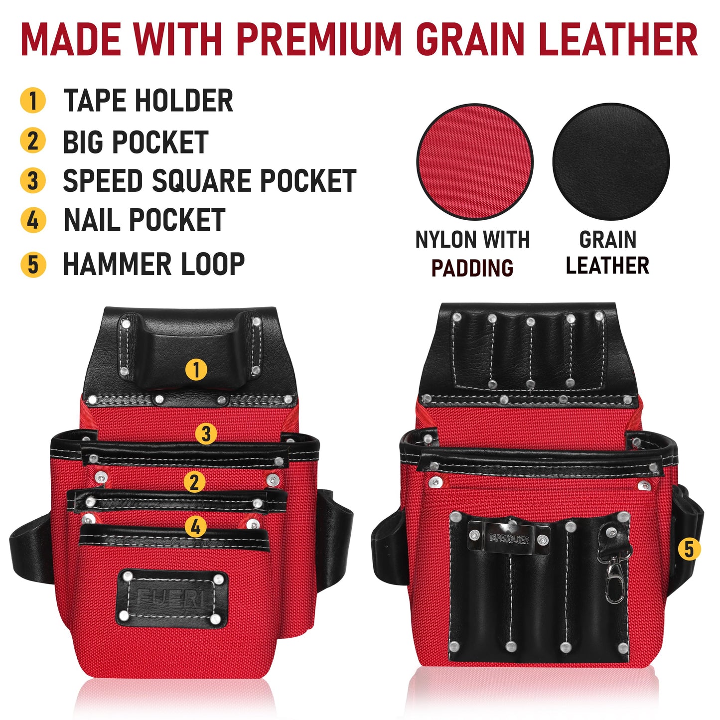 FUERI Heavy Duty 26 Pocket Tool Belt with Suspender | Grain Black Leather & Red Nylon Carpenter Tool Belt With 2 Large Pouches, Hammer Holder, Suspender Loops & Padded Belt, Ideal for Electricians