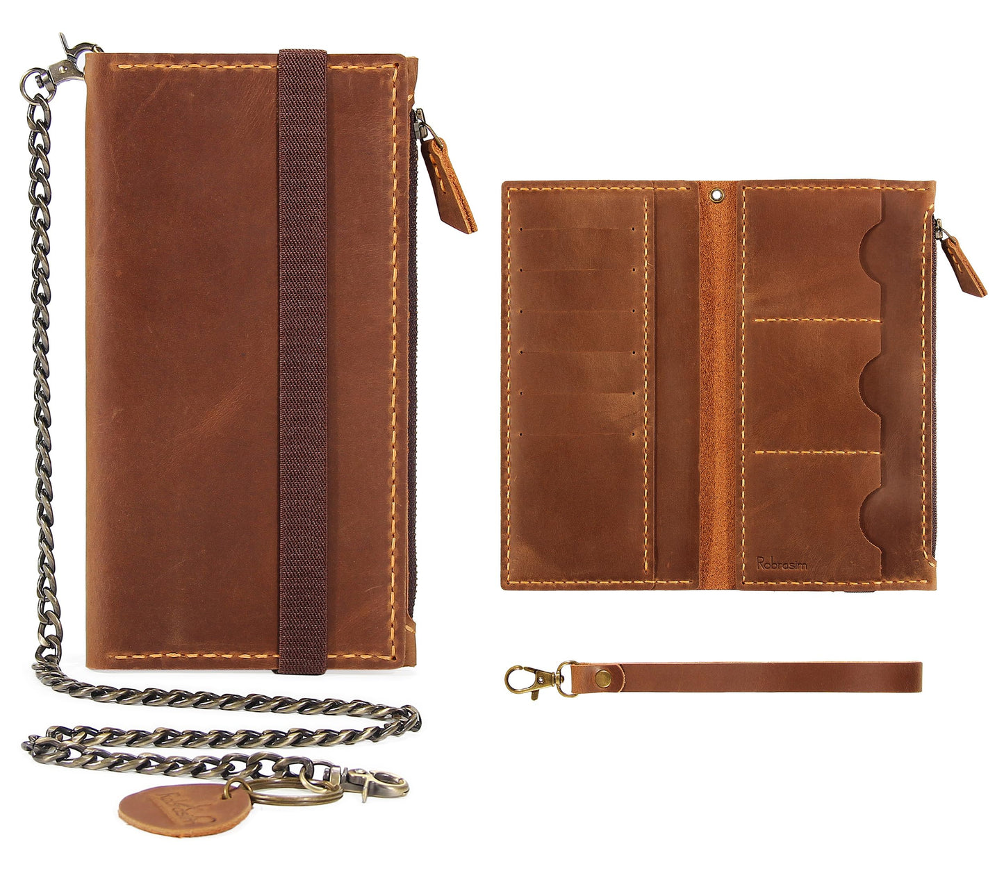Robrasim Leather Wallet for Men and Women, Handmade Detachable Chain Wristlet Long Bifold Clutch with Large Capacity Zipper Coin Pocket (Brown, 7.87"x4.17")