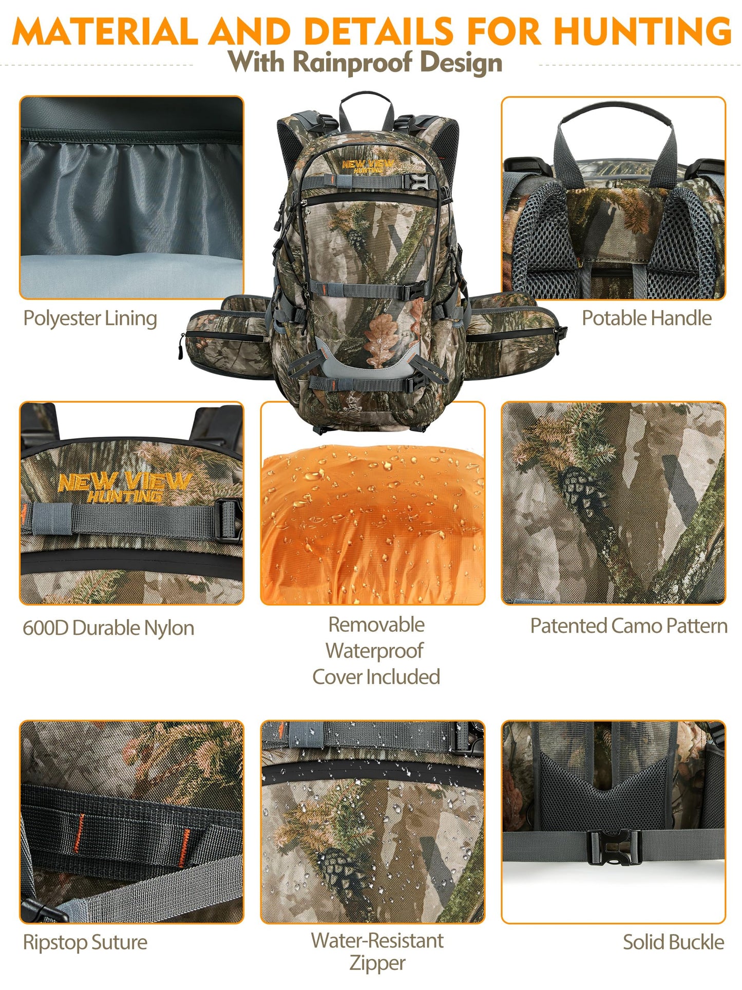 NEW VIEW Hunting Backpacks for Men 35L, Camo Backpack for Hunting with Rifle Bow Gun Holder, Waterproof Hunting Pack with Rain Rover