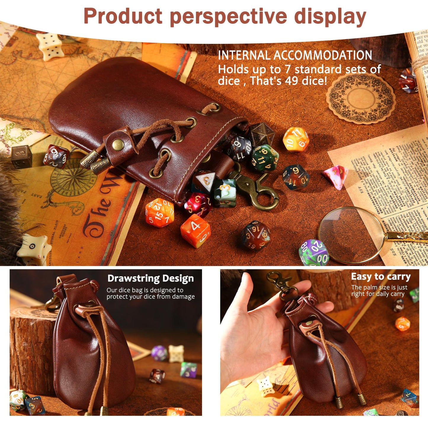 CHULEAG Vintage Medieval Drawstring Belt Pouch, FULL-GRAIN Leather, handmade, portable coin&dice purse with keychain. (small)