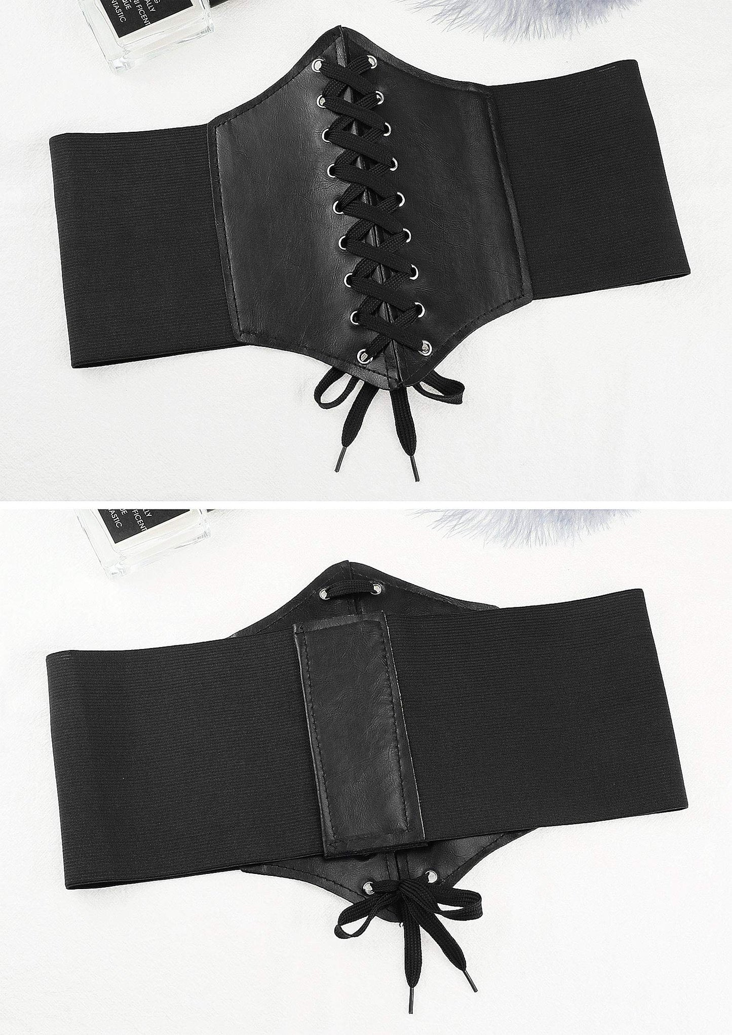 Glamorstar Corset Belt for Women Lace-up Leather Elastic Belts for Dresses Wide Tied Waspie Cincher Belts 85cm Black