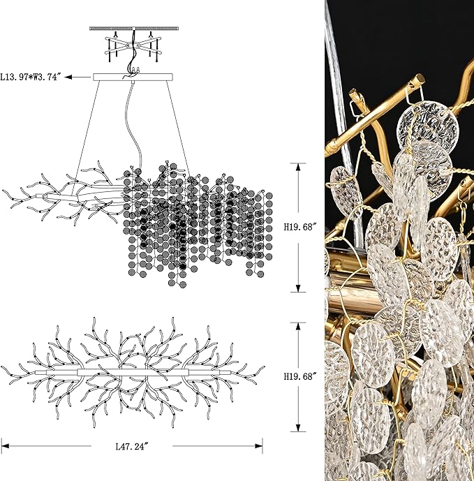 Modern Tree Branch Chandelier, 47.24 inch Money Tree Branch Gold Crystal Chandeliers, Rectangular Ceiling Pendant Lighting Fixtures for Dining Room, Bedroom, Living Room