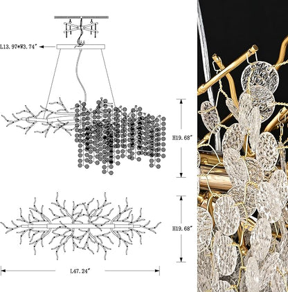 Modern Tree Branch Chandelier, 47.24 inch Money Tree Branch Gold Crystal Chandeliers, Rectangular Ceiling Pendant Lighting Fixtures for Dining Room, Bedroom, Living Room