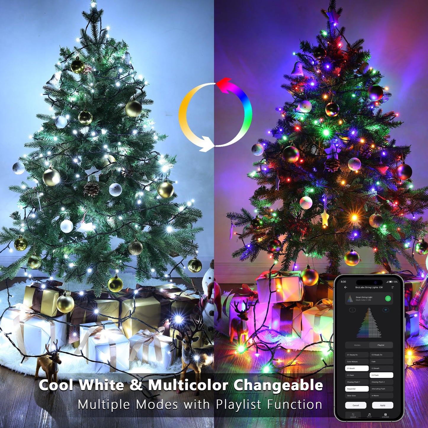 BrizLabs Smart Christmas Tree Lights, 262ft 800 LED Color Changing WiFi Christmas Lights Work with Alexa & Google Home, Cool White & Multicolor APP Xmas Light Music Sync Smart Light for Xmas Tree Home