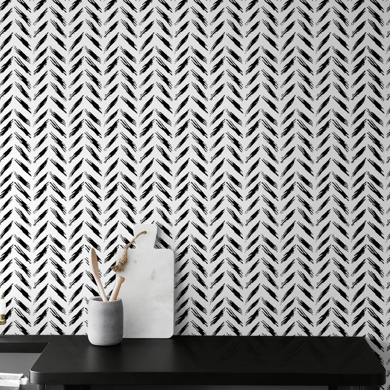 Micpolo Black and White Peel and Stick Wallpaper Modern Self-Adhesive Contact Paper Thicken Waterproof Easy to Clean Decorative Removable Wall Paper Herringbone for Bedroom Bathroom 17.3in x 78.7in