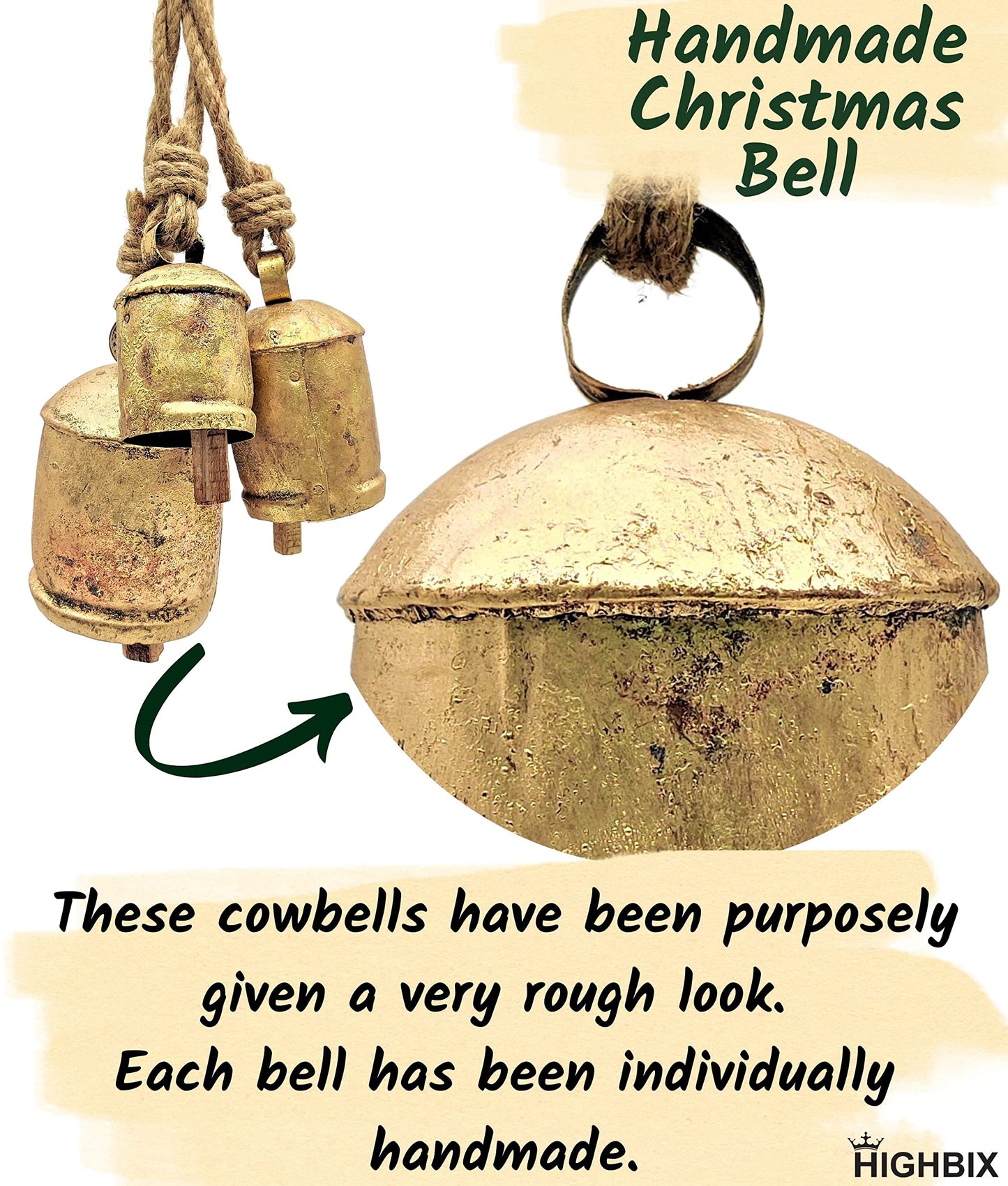 HIGHBIX Set of 3 Giant Harmony Cow Bells Huge Vintage Shabby Chic Handmade Rustic Lucky Christmas Hanging XL Bells On Rope Country Rustic (Small)