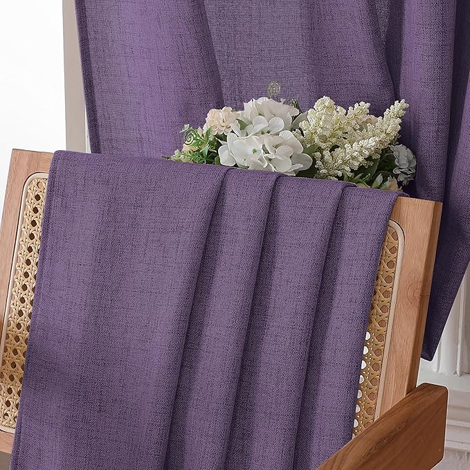 Tollpiz Linen Curtain Bedroom Rod Pocket Semi Sheer Curtains Burlap Light Filtering Thick Linen Drape for Living Room, 38 x 84 inches Long, Royal Purple, Set of 2 Panels