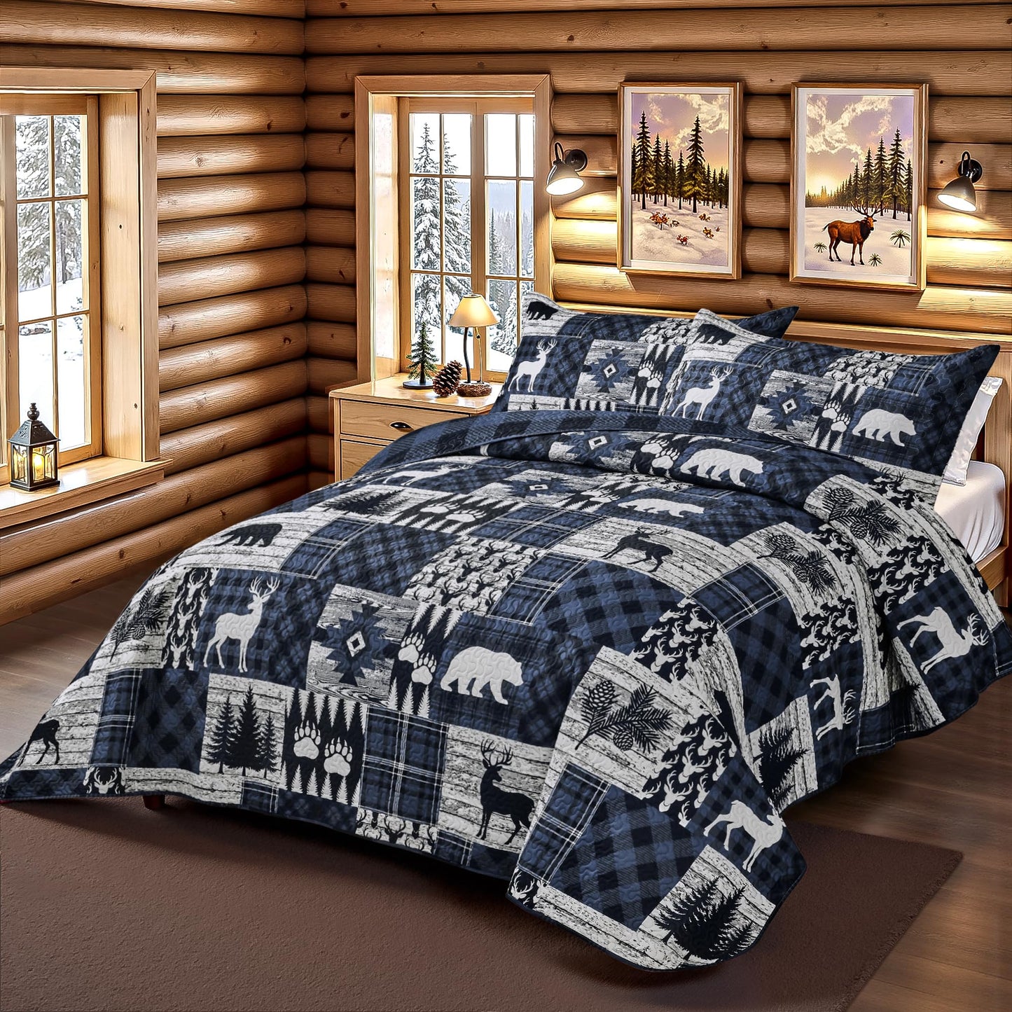 3 Piece Cabin Full/Queen Quilt Sets Farmhouse Rustic Reversible Microfiber Soft Lightweight Bedspread Comforter with 2 Shams Patchwork Country Lodge Bedding Quilts Set for All Season, 90''x96'', Blue