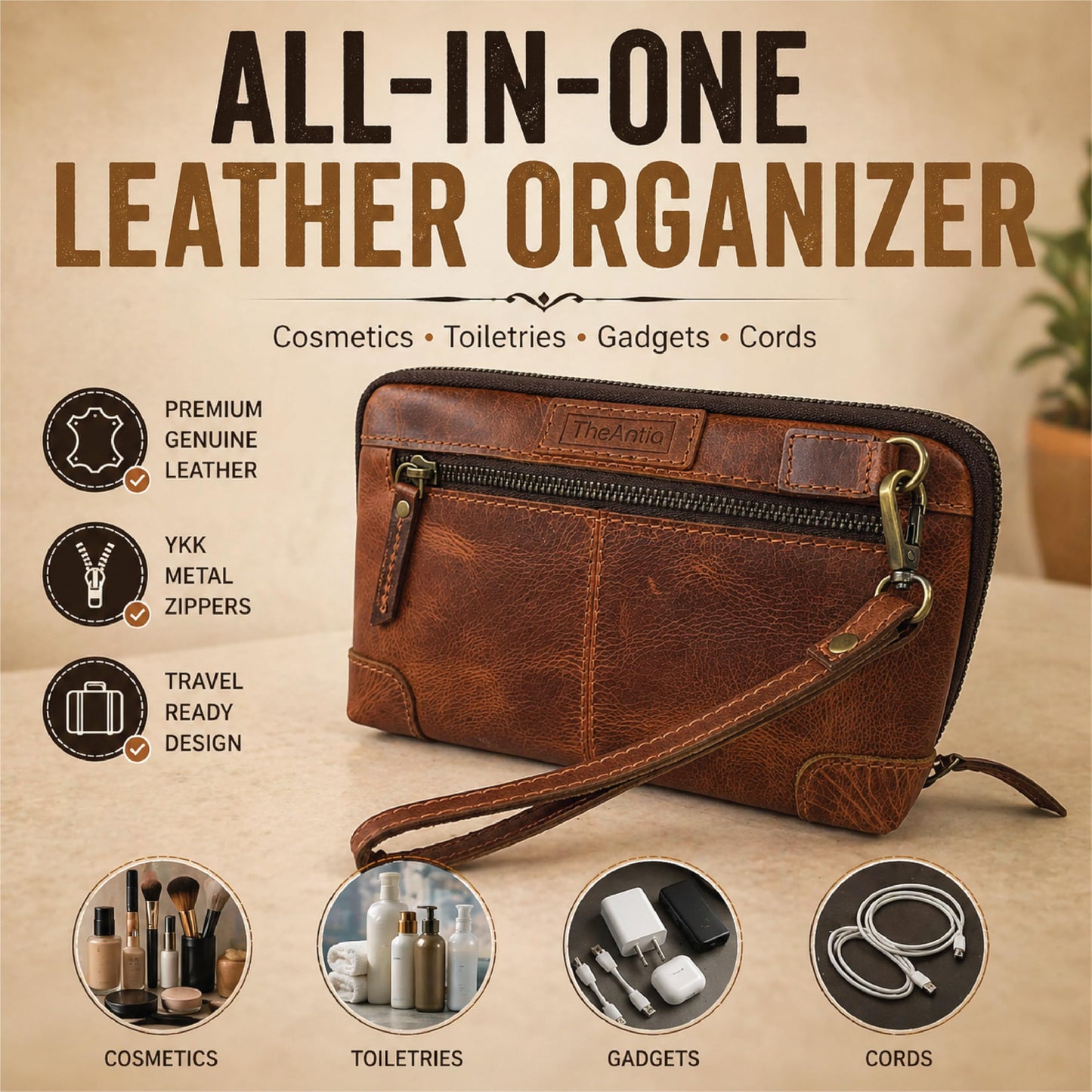 TheAntiq Genuine Leather Makeup Bag Travel Organizer, Premium Handcrafted Cosmetic Pouch with Zipper & Wrist Strap, Durable Toiletry Storage for Women & Men, 5 x 9- Tan