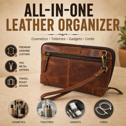 TheAntiq Genuine Leather Makeup Bag Travel Organizer, Premium Handcrafted Cosmetic Pouch with Zipper & Wrist Strap, Durable Toiletry Storage for Women & Men, 5 x 9- Tan
