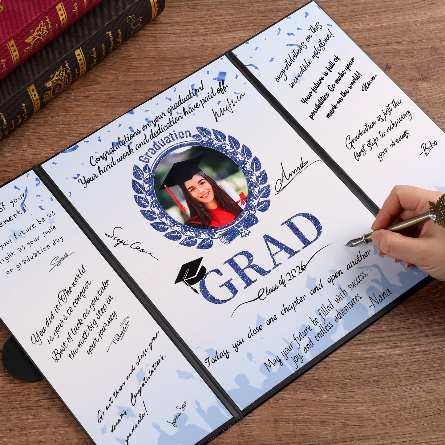 Forwe Graduation Guest Book 2026, Graduation Signature Board Sign in Book with Picture Frame for 4x6 Photo, Class of 2026 Graduation Party Decorations (Black&Blue)