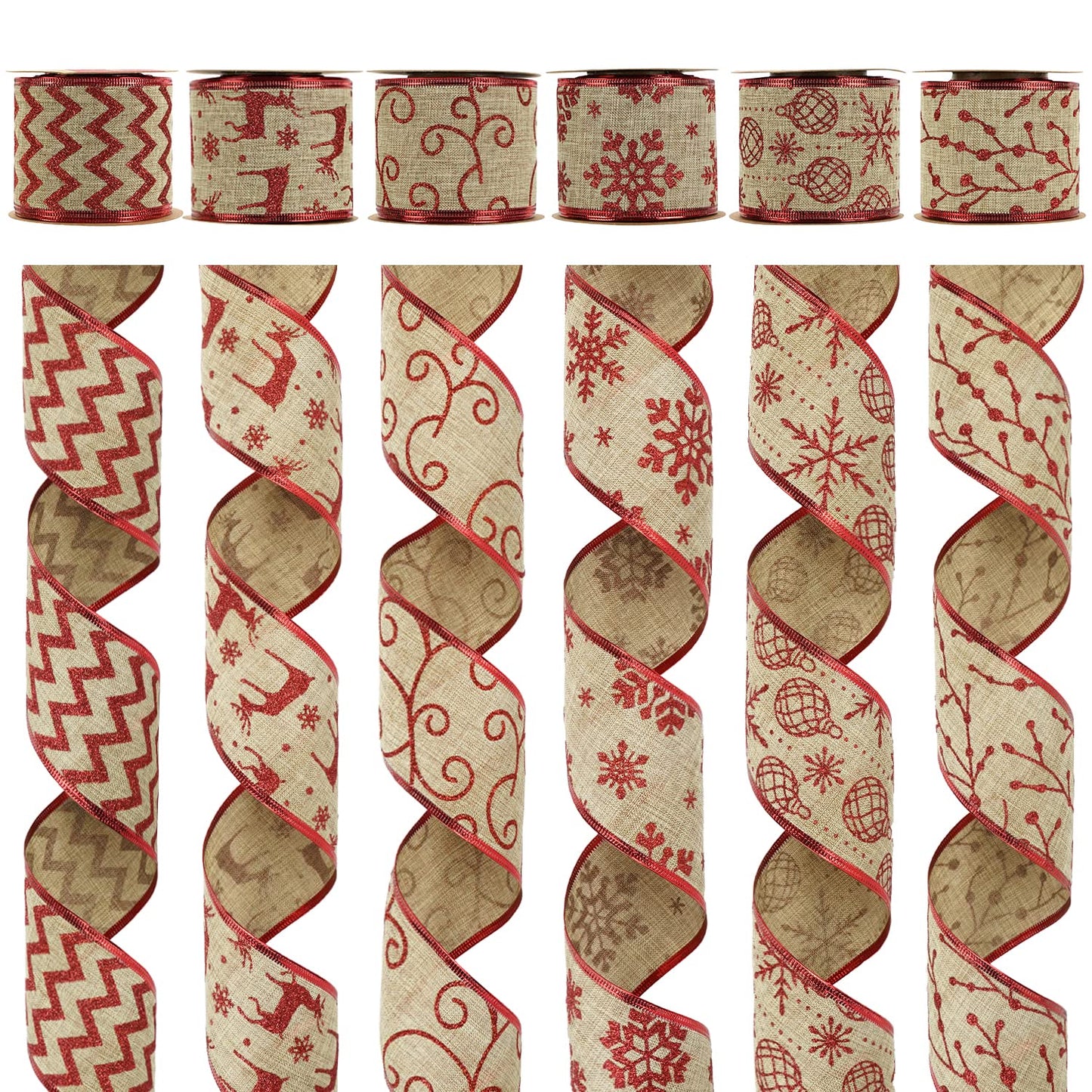 MEEDEE Christmas Ribbon Set 2.5 Inch, 6 Rolls 36 Yards, Wired Burlap and Red Glitter Ribbon for Tree Decorations, Wreath Bows, Garland Decor