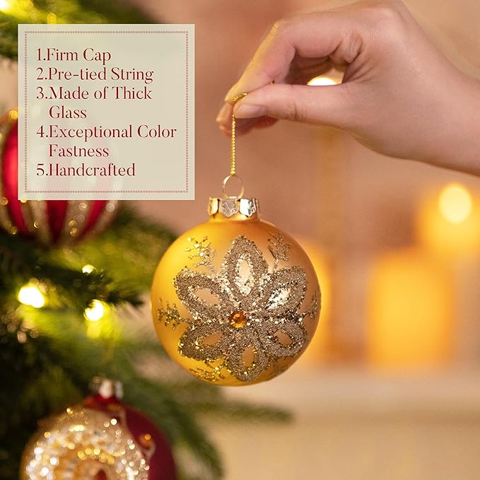 Valery Madelyn Glass Christmas Ornaments Set, 10ct Medium Red Gold Mercury Blown Glass Christmas Tree Ball Decorations, Luxury Hanging Teardrop Finial Faceted Reflector Decor
