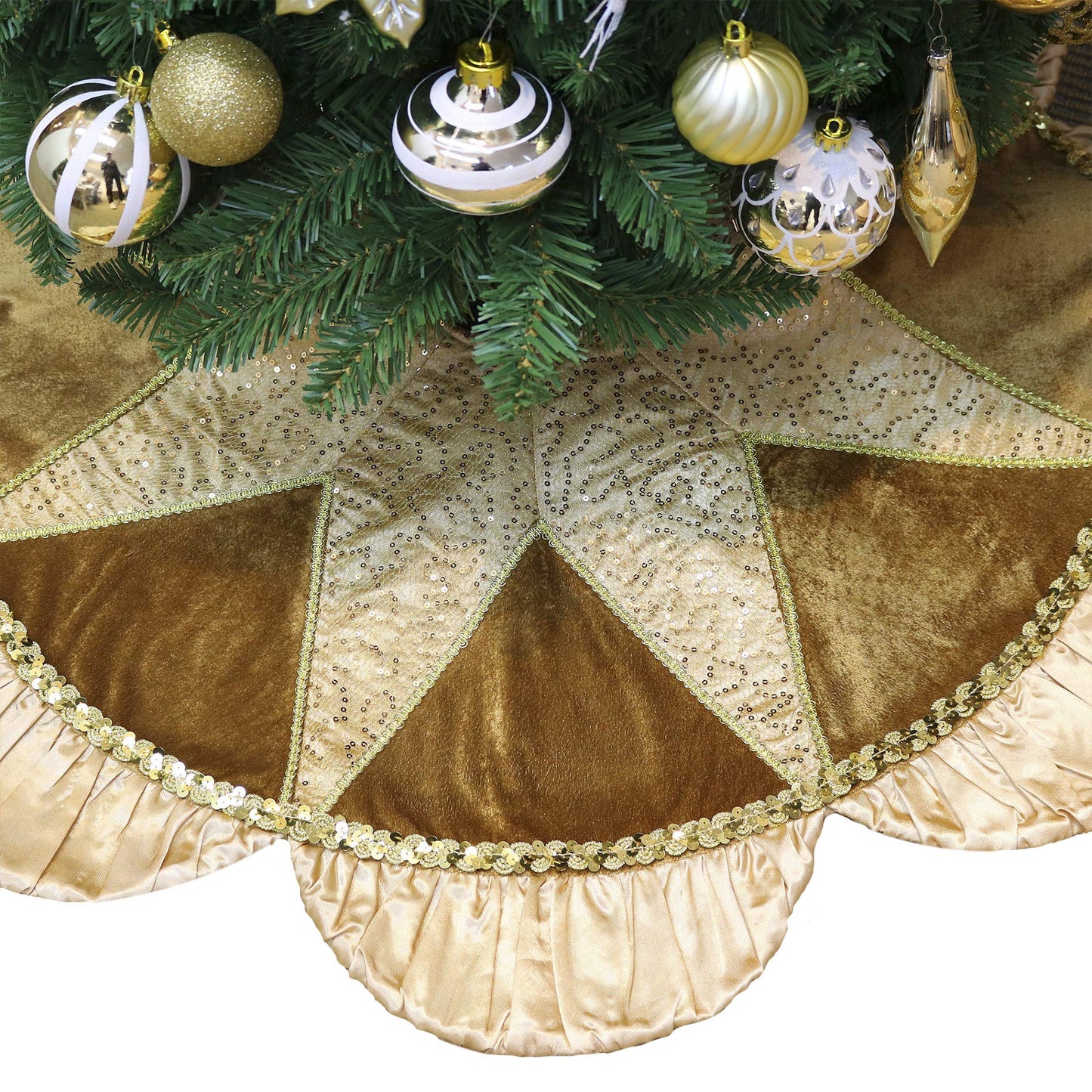 Valery Madelyn Christmas Tree Skirt for Tree Decorations, 60 inch Luxury Sparking Gold Large Xmas Velvet Tree Skirt with Starshaped Sequins Pattern & Ruffle Trim for Chritmas Decor
