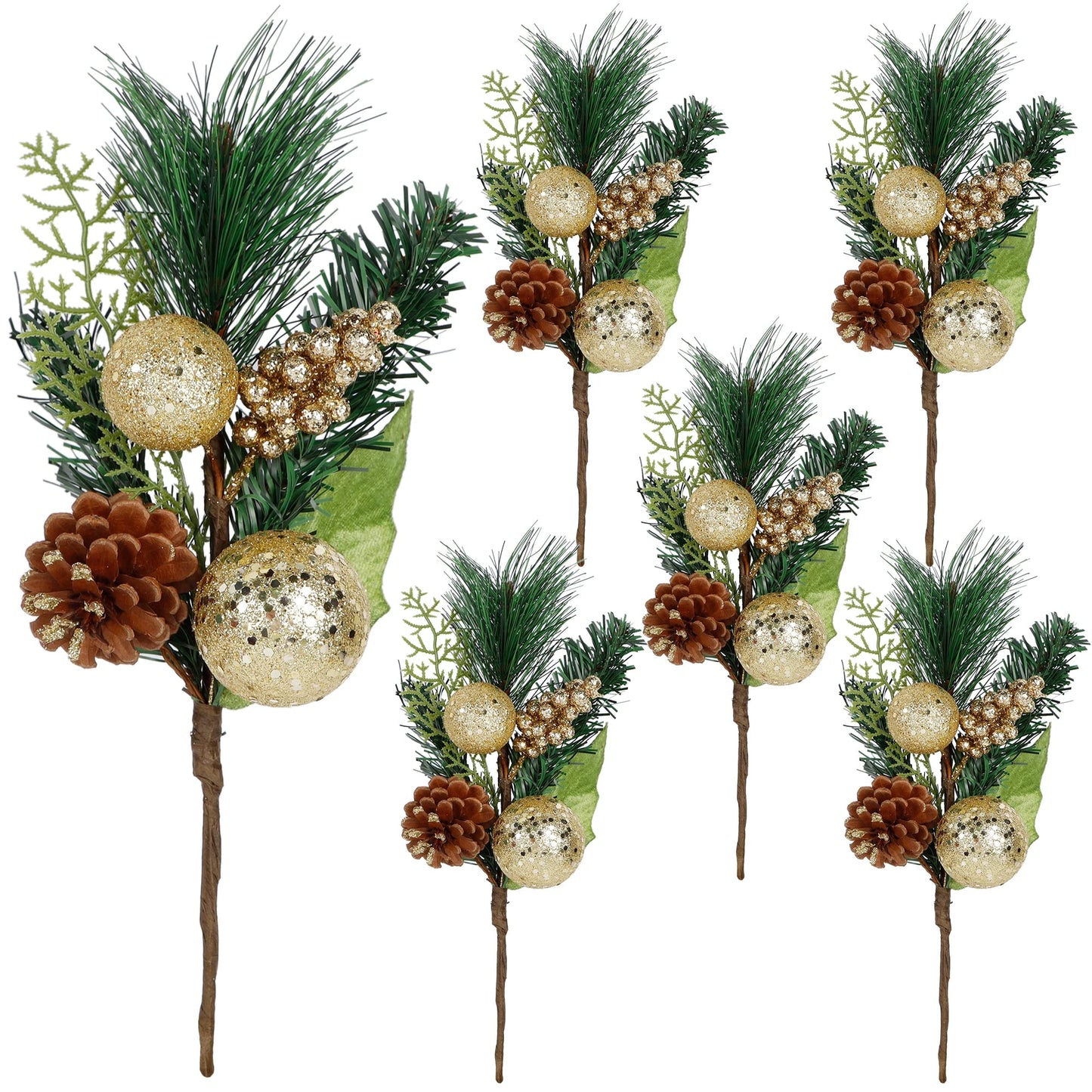 DR.DUDU Christmas Tree Ornaments 6 Pcs 12'' Gold Picks and Sprays with Brown Pine Cone Green Poinsettia Leaf, Artificial Berry Branches Stems Decorations DIY Crafts for Vase Filler Wreath Decor (Gold)