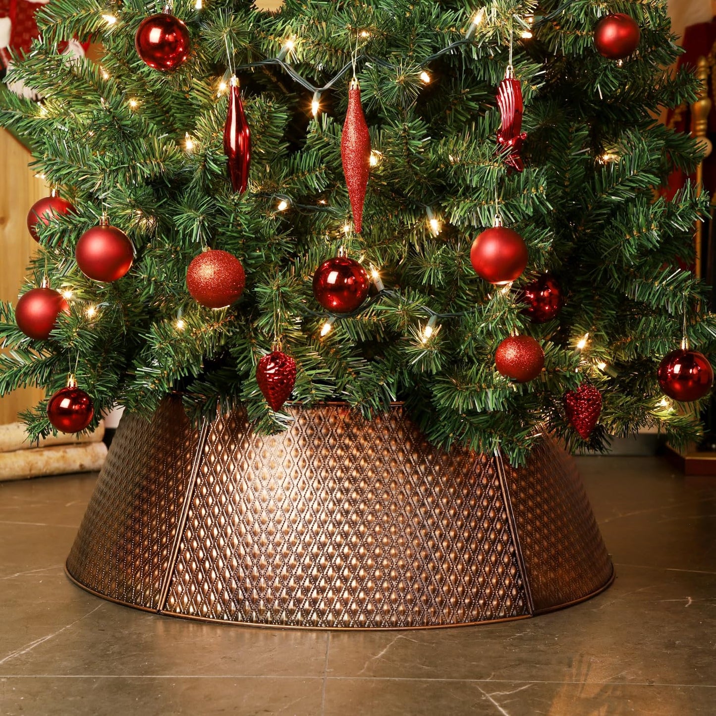 FORUP Metal Christmas Tree Collar, 20.8"/27.5" Inner Diameter Ring, Base Cover for Trees Up to 7.5Ft, Skirt Base Stand Protection from Pets (Bronze)