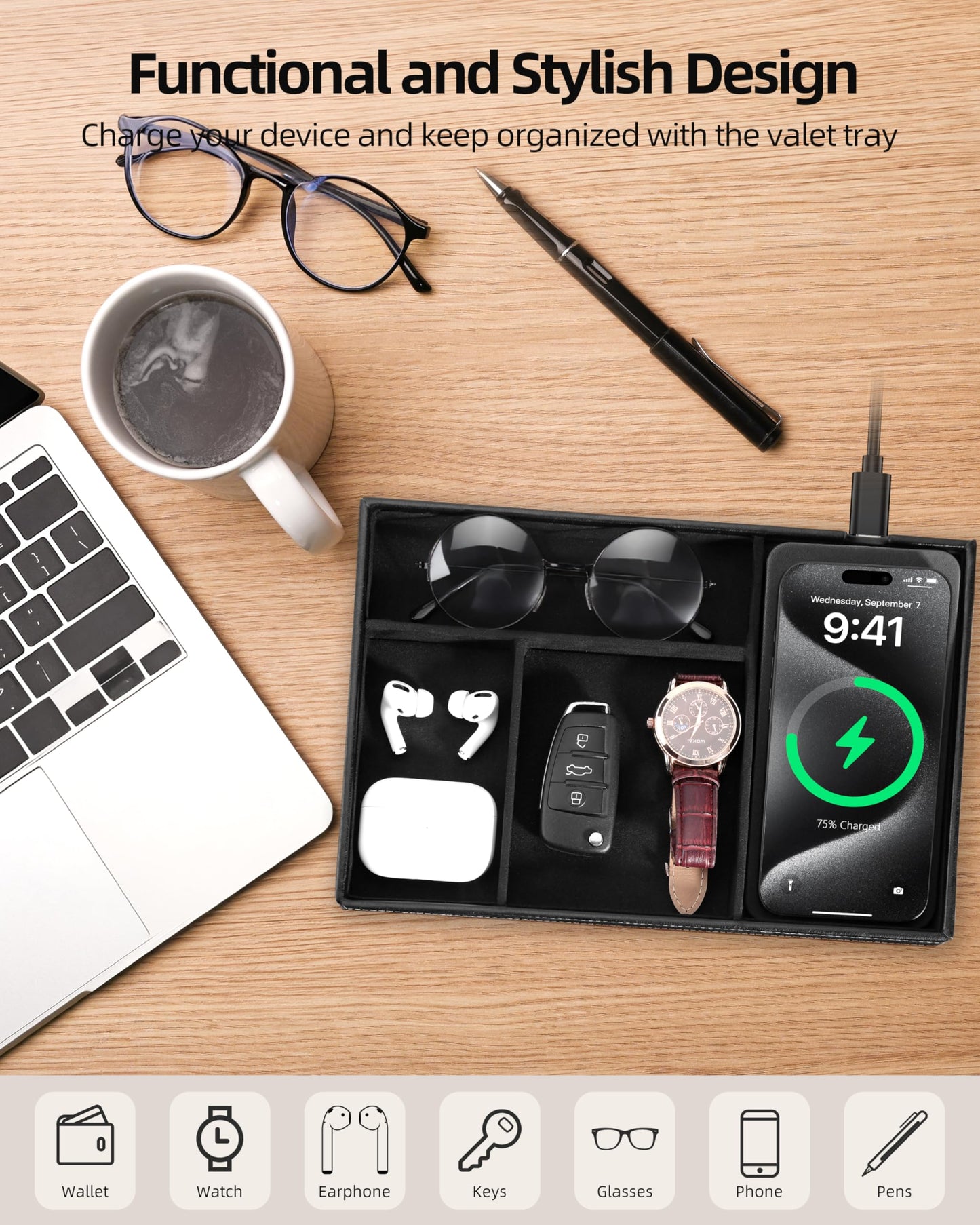 Investme Valet Tray with Wireless Charger, Nightstand Organizer for Men, EDC Catchall Tray for Keys, Watch, Wallet, Jewellery, Premium Vegan Leather, Bedside Caddy, Stylish and Organized, PU Black