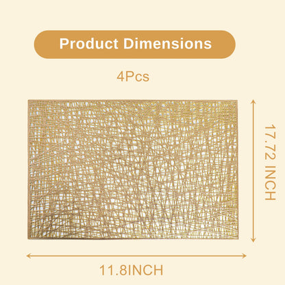 Snowkingdom Gold Placemats Set of 4, Golden Vinyl Rectangle Metallic Wipeable Place mats, Washable Easy Clean Non Slip Stain Resistant Hollow Kitchen Dining Table Mats for Wedding Party Decoration