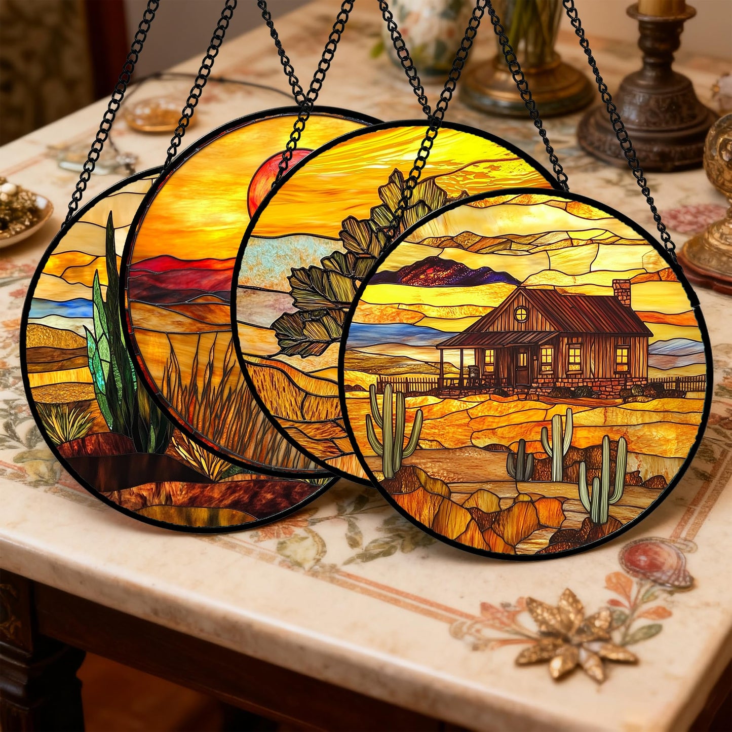 DASTOLL Stained Glass Window Hanging 4 Pcs Set Desert Sunset Theme Landscape 6.3" - Suncatcher Door Garden Sun Catcher Decor Birthday Christmas for Mom Woman Nana Men