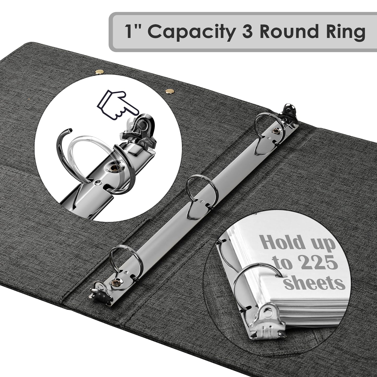 EYROZILL 3 Ring Binder, 1 Inch Linen Binder Organizer for Letter Size (8.5" x 11") with 5 Tab Dividers, File Folder Labels and Low Profile Clipboards, School and Office Supplies- Darkgrey