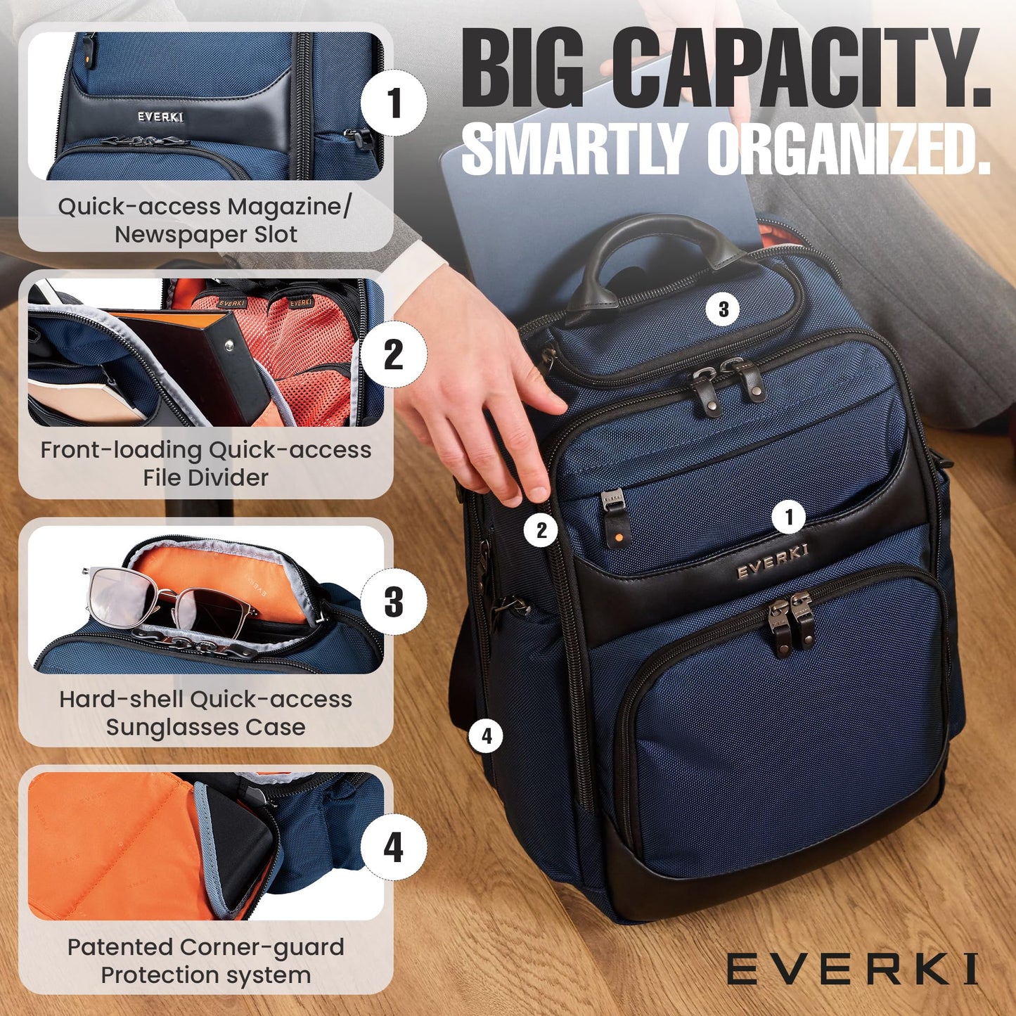 EVERKI Onyx 36L Business Laptop Backpack – Professional Travel Backpack for Men & Women, Laptop Bag with Premium Leather Ballistic & Nylon, Office & Flight Approved, Fits Laptops up to 17.3” - Navy
