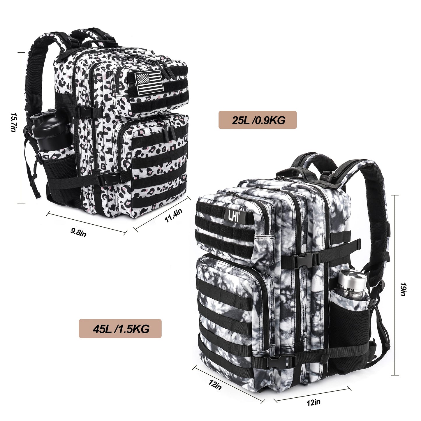 LHI Tactical Military Backpack for Men and Women 25L Army Assault Pack Bag Large Rucksack with Molle System - Leopard