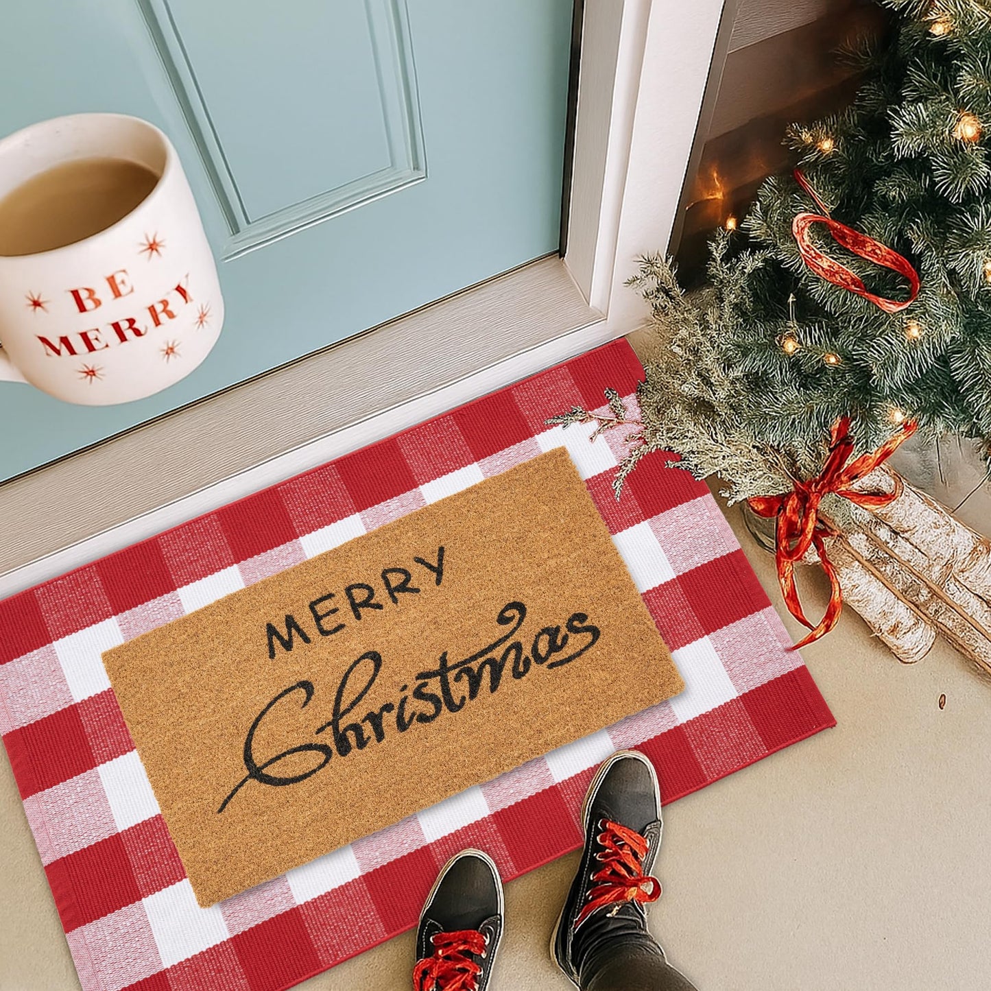 Christmas Door Mat Combo Set - 100% Coco Coir Welcome Mat + 3' x 5' Red and White Plaid Rug, Christmas New Year Holiday Collection Doormat for Front Porch Entryway Decorative