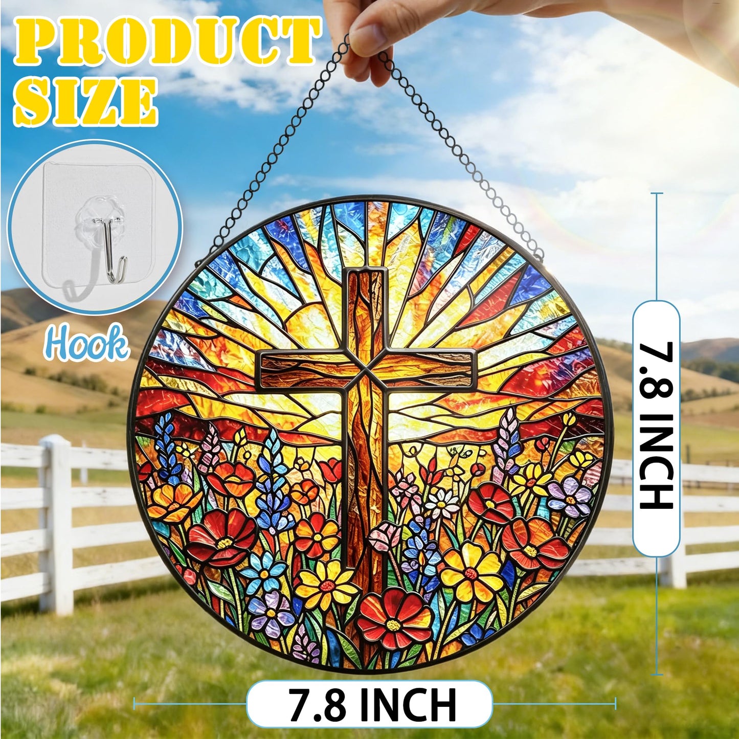 Stained Glass Window Hanging, 7.8 Inch Stained Glass Cross Suncatcher, Christian Window Hanging, Suncatcher for Windows, Doors & Home Decor, Church Decor, Christian Gifts, Religious Gifts & Cross Gift